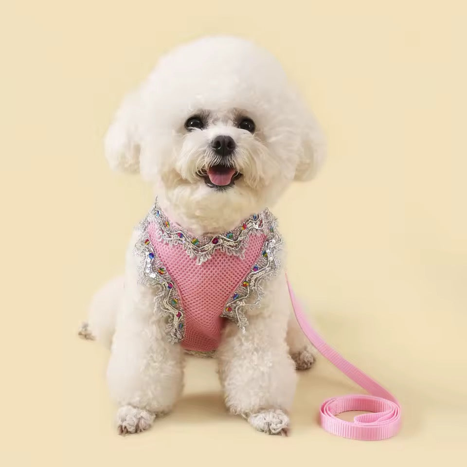 Pink Crystal Lace Luxury Dog Harness & Leash Set – Breathable Mesh Designer Pet Outfit