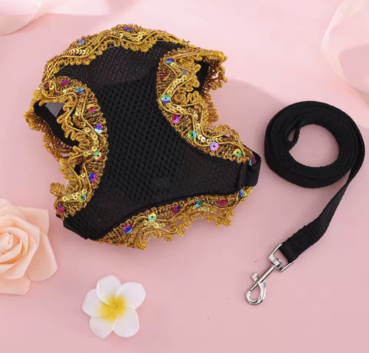 Black Crystal Lace Luxury Dog Harness & Leash Set – Stylish Mesh Designer Pet Wear for Boys