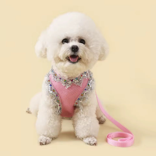 Pink Crystal Lace Luxury Dog Harness & Leash Set – Breathable Mesh Designer Pet Outfit