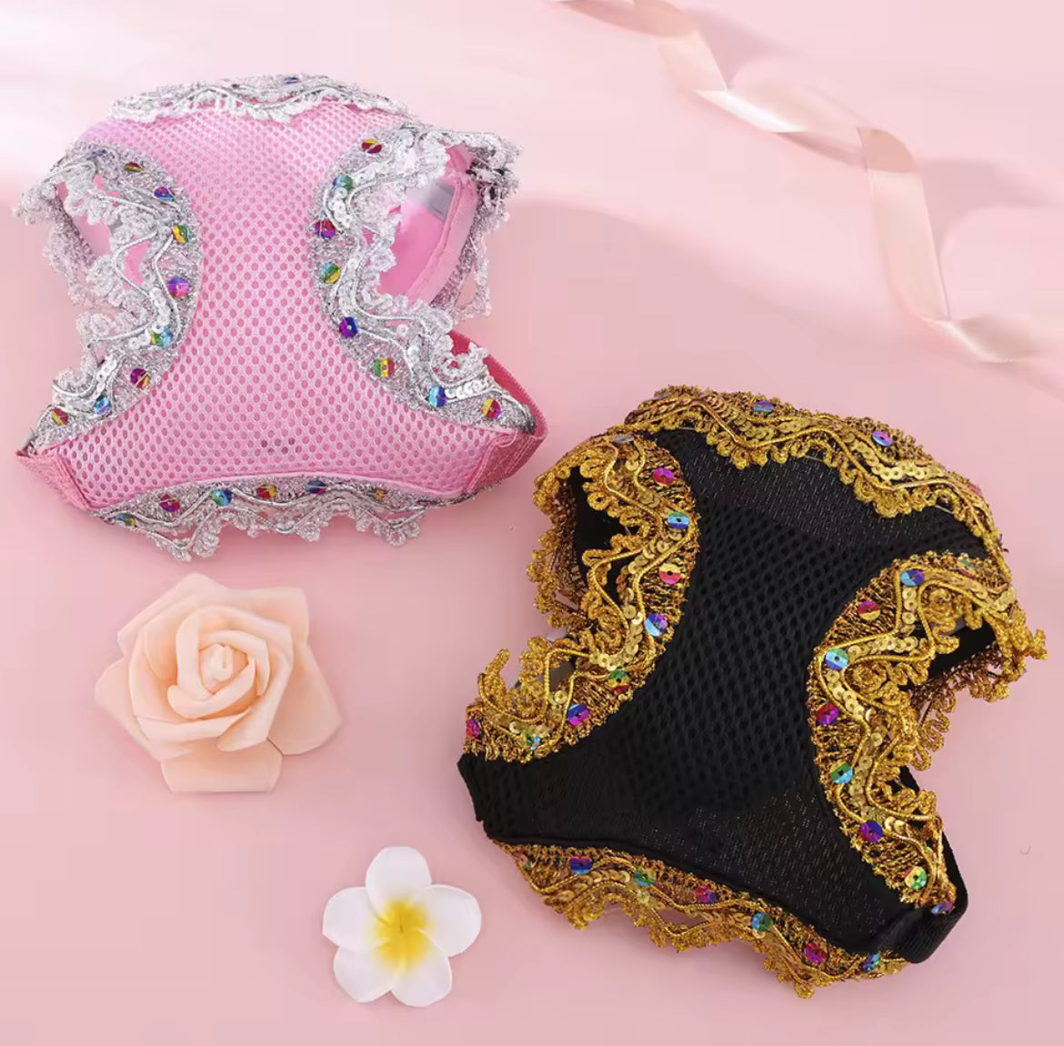 Pink Crystal Lace Luxury Dog Harness & Leash Set – Breathable Mesh Designer Pet Outfit