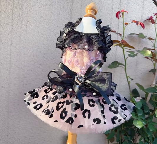 leopard print tulle dog dress with pearl bow detail
