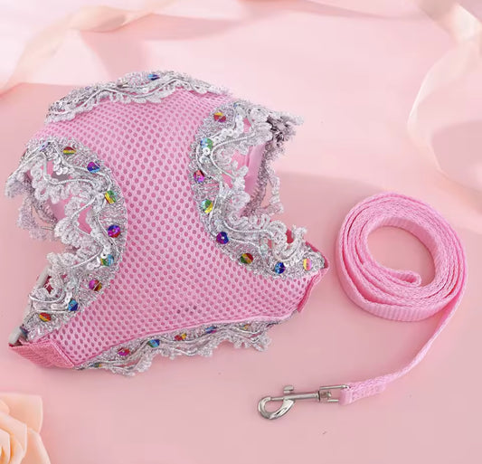 Pink Crystal Lace Luxury Dog Harness & Leash Set – Breathable Mesh Designer Pet Outfit