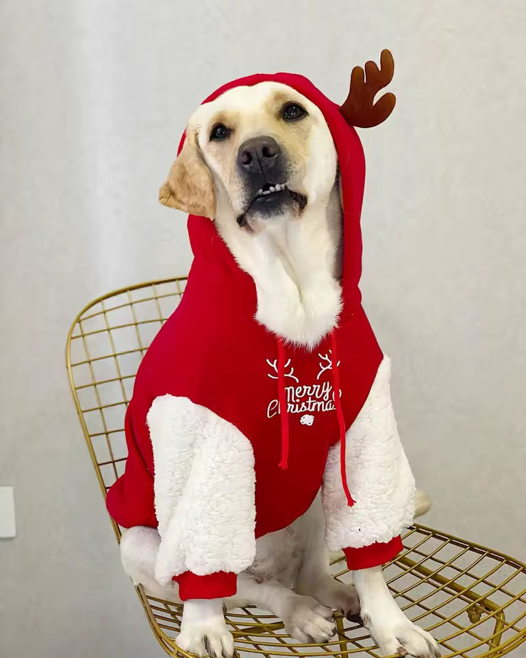 Merry Christmas Reindeer Dog Hoodie – Cozy Red & White Holiday Sweater