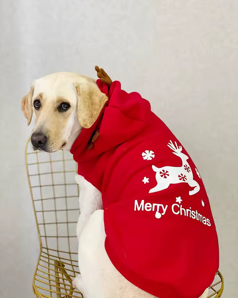 Merry Christmas Reindeer Dog Hoodie – Cozy Red & White Holiday Sweater